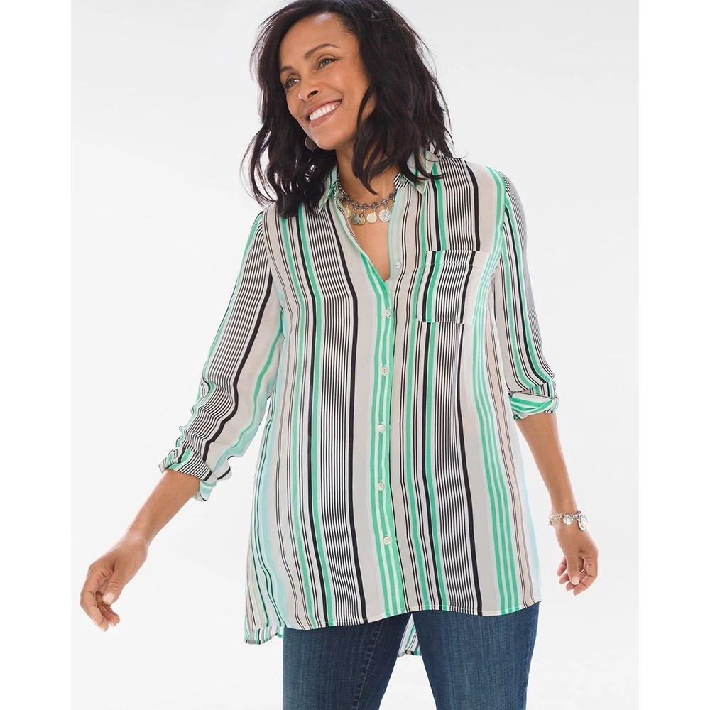 CHICO'S Multicolor Distinct Striped Hi-Lo Ladies Long Sleeve Tunic Blouse, M